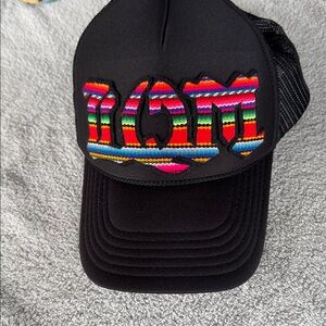 OTTO LWM Black Hat with serape lettering Multicolor mesh back adjustable closure